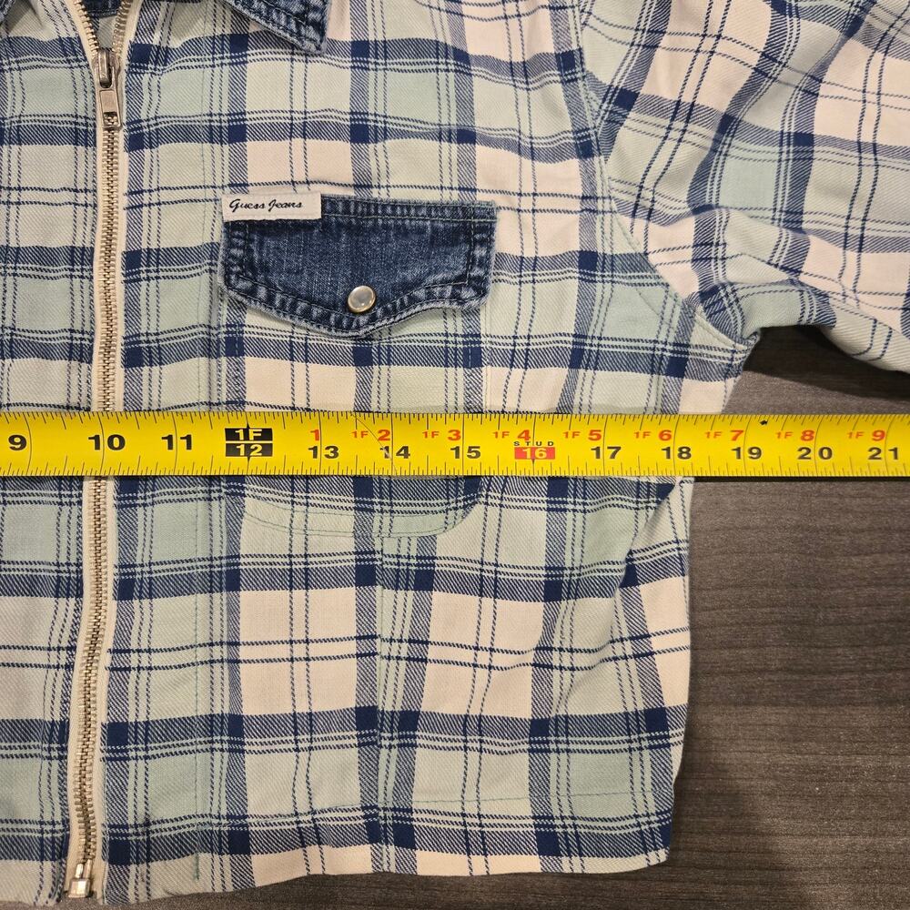 GUESS Vintage 90s Cropped Plaid Denim Pearl Snap Zip Top - Picture 10 of 11